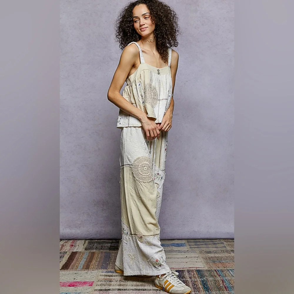 POL Solid Lace Patch Detail Woven Pants Bohemian Patchwork